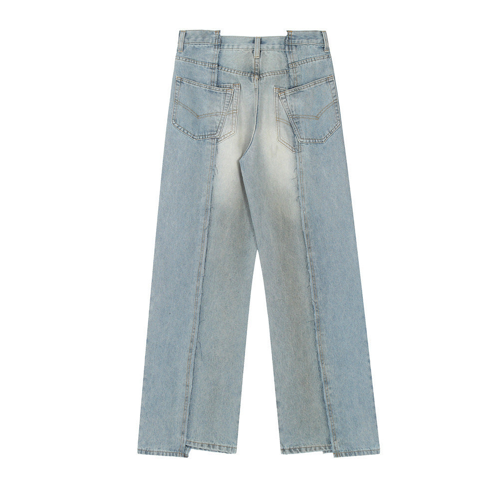 Stitching Loose Straight-leg Denim Trousers Men