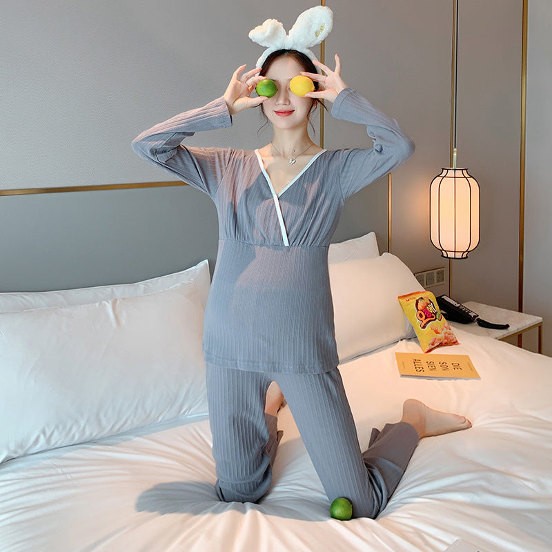Pregnant women's autumn clothes and pants suits confinement clothes autumn and winter clothes nursing home clothes pajamas thermal underwear cross V-neck