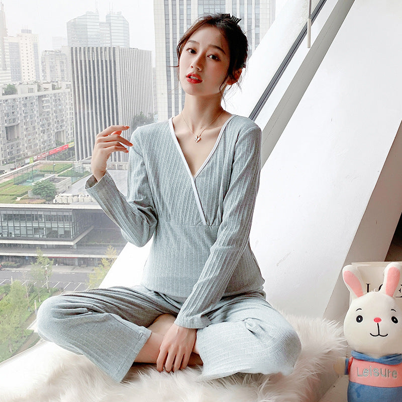 Pregnant women's autumn clothes and pants suits confinement clothes autumn and winter clothes nursing home clothes pajamas thermal underwear cross V-neck