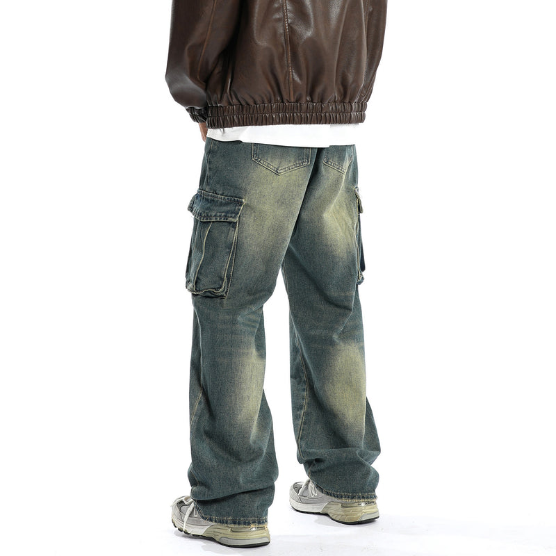 Multi-pocket Denim Straight Loose Trousers Men