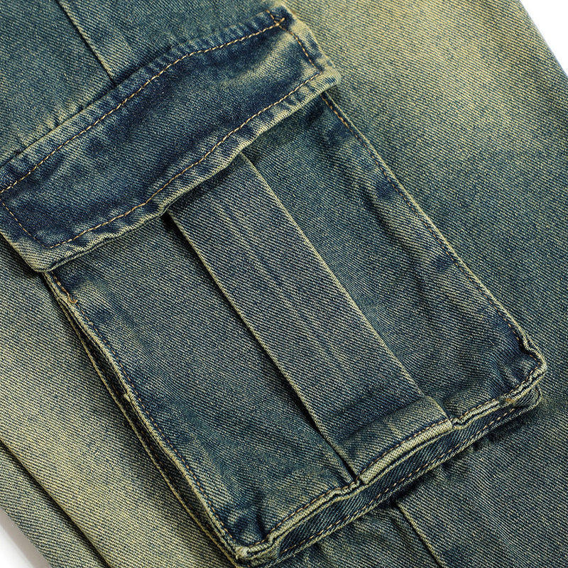 Multi-pocket Denim Straight Loose Trousers Men