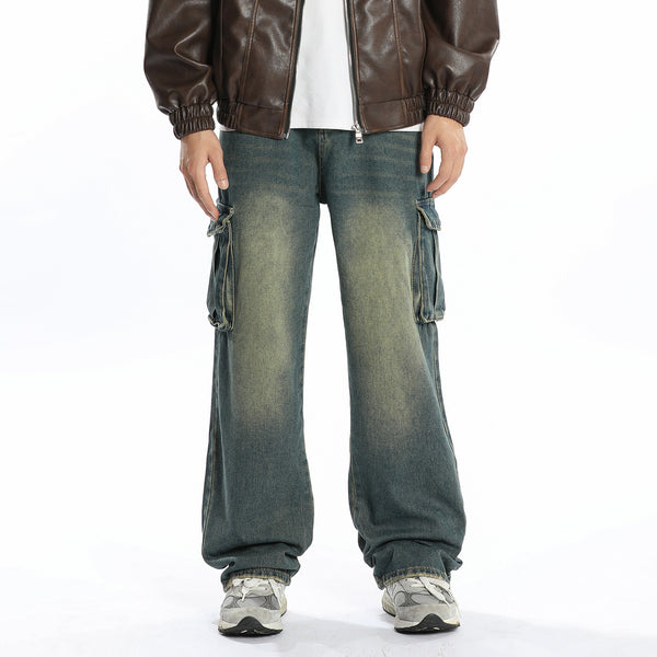 Multi-pocket Denim Straight Loose Trousers Men