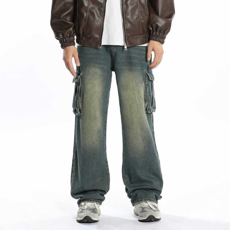 Multi-pocket Denim Straight Loose Trousers Men