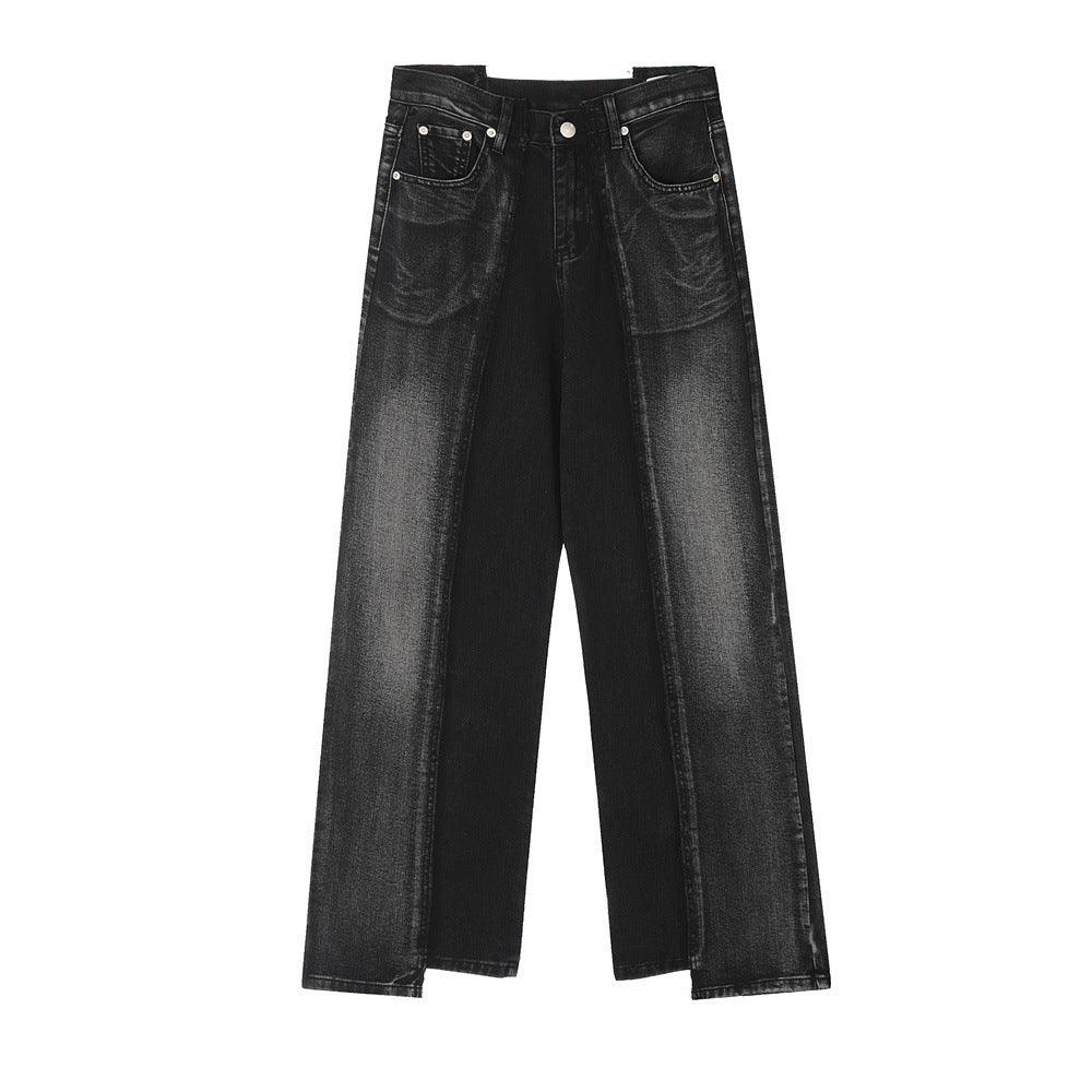Stitching Loose Straight-leg Denim Trousers Men