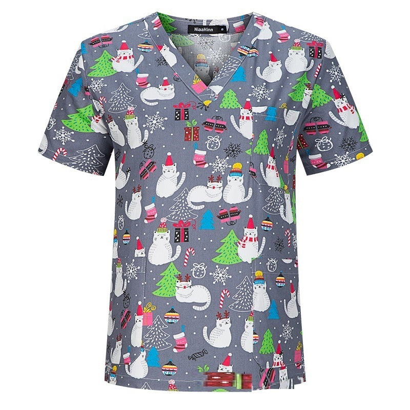 Men's And Women's V-neck Printed Surgical Clothes, Hand Washing Clothes, Work Clothes, Short Sleeves
