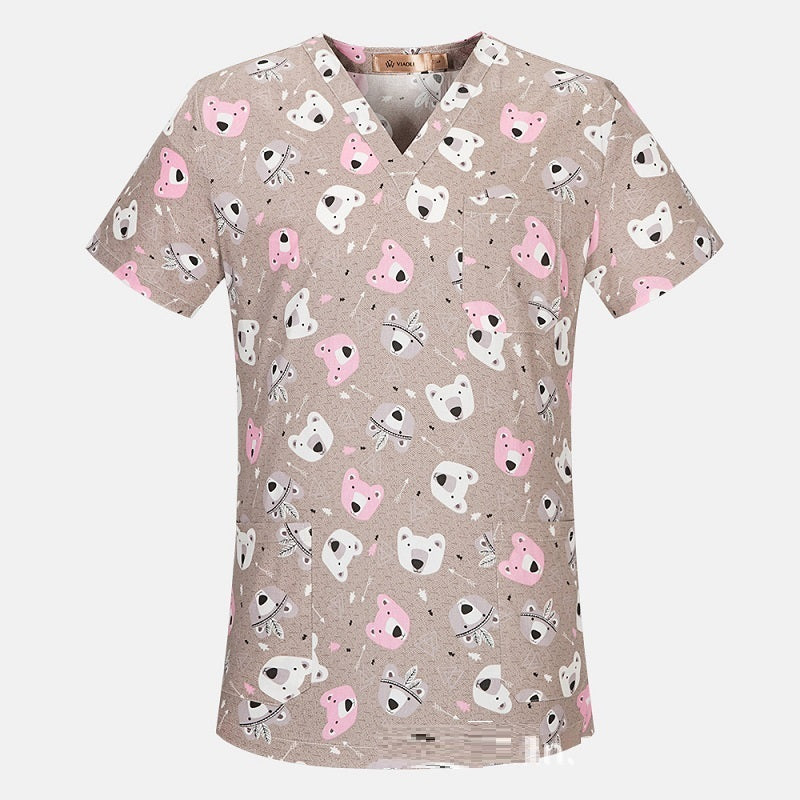 Men's And Women's V-neck Printed Surgical Clothes, Hand Washing Clothes, Work Clothes, Short Sleeves